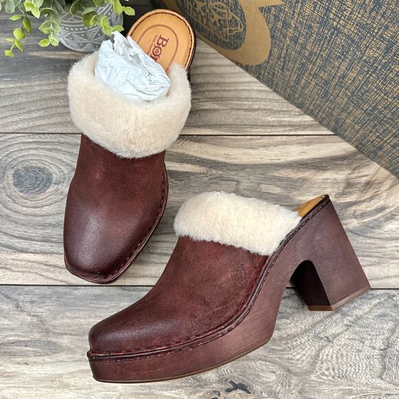 Born Shoes - Born Hope 8M Shearling-Lined Open Back Heeled Distressed Leather Clogs Dark Red